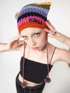 Minga London Joy Rainbow Stripes Knit Tie Hat