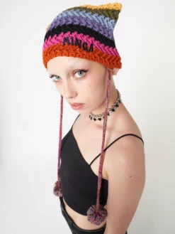Minga London Joy Rainbow Stripes Knit Tie Hat