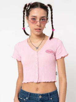 Minga London Lipgloss Pink Ruffle Button-Down Top Clothing