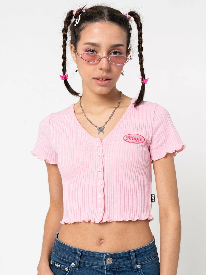 Minga London Lipgloss Pink Ruffle Button-Down Top Clothing