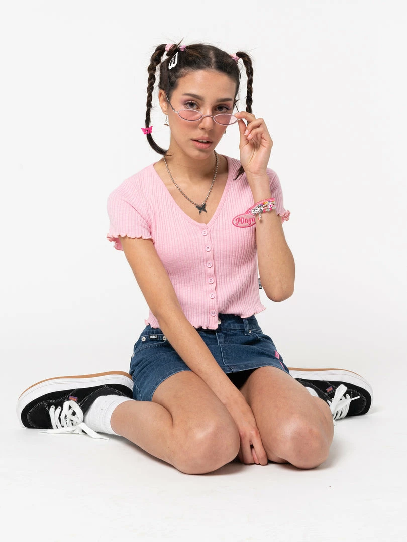 Minga London Lipgloss Pink Ruffle Button-Down Top Clothing