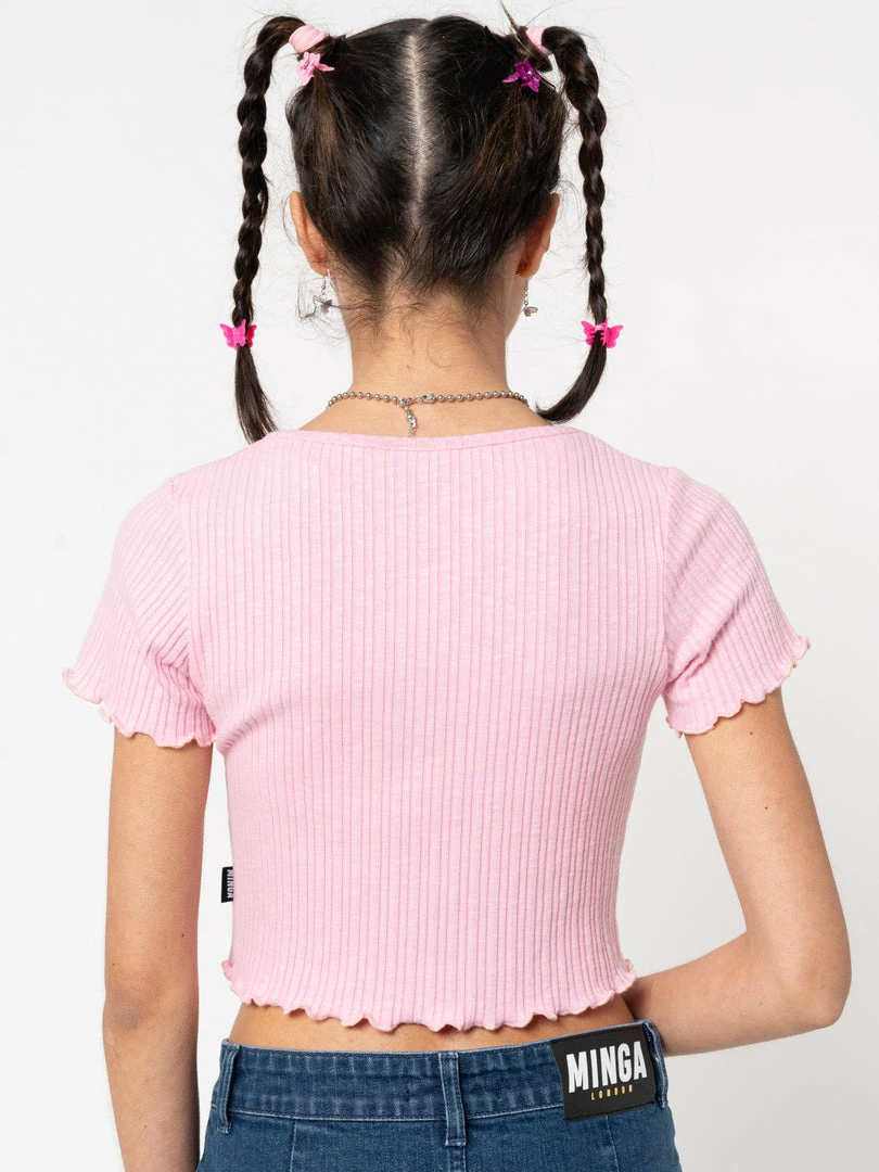 Minga London Lipgloss Pink Ruffle Button-Down Top Clothing