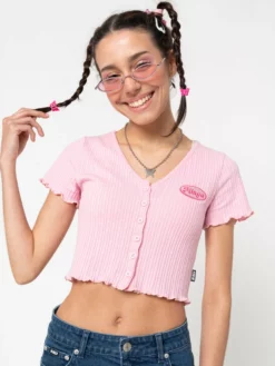 Minga London Lipgloss Pink Ruffle Button-Down Top Clothing