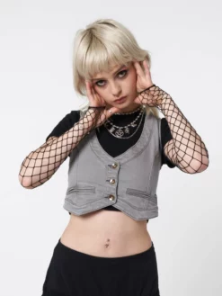 Minga London Liv Washed Grey Denim Y2k Waistcoat