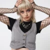 Minga London Liv Washed Grey Denim Y2k Waistcoat