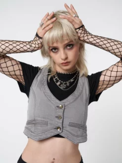 Minga London Liv Washed Grey Denim Y2k Waistcoat