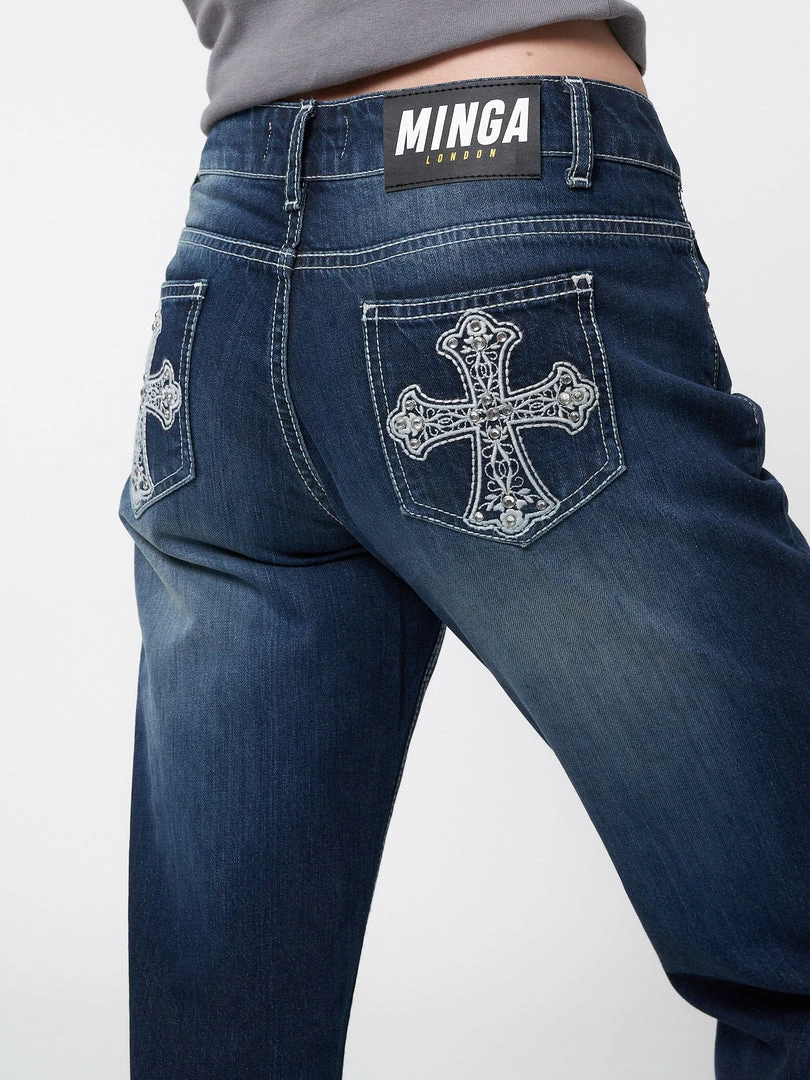 Minga London Mia Embellished Cross Pocket Y2k Jeans