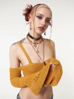 Minga London Most Wanted Ariel Golden Yellow Knitted Flare Crop Top