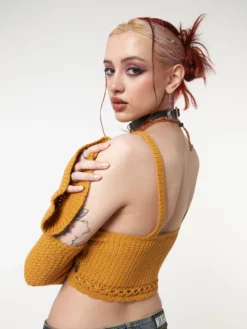 Minga London Most Wanted Ariel Golden Yellow Knitted Flare Crop Top