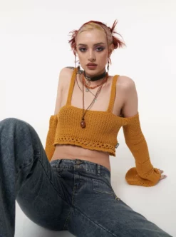 Minga London Most Wanted Ariel Golden Yellow Knitted Flare Crop Top