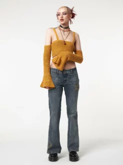 Minga London Most Wanted Ariel Golden Yellow Knitted Flare Crop Top