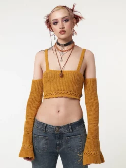 Minga London Most Wanted Ariel Golden Yellow Knitted Flare Crop Top