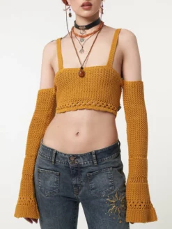 Minga London Most Wanted Ariel Golden Yellow Knitted Flare Crop Top