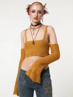 Minga London Most Wanted Ariel Golden Yellow Knitted Flare Crop Top