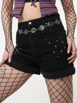 Minga London Astral Black Embroidered Denim Mom Shorts Most Wanted