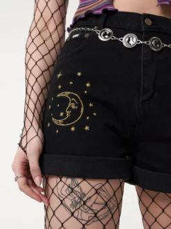 Minga London Astral Black Embroidered Denim Mom Shorts Most Wanted