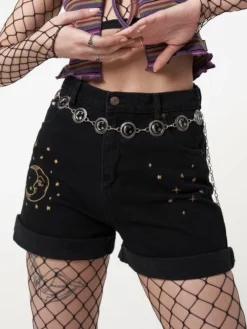 Minga London Astral Black Embroidered Denim Mom Shorts Most Wanted