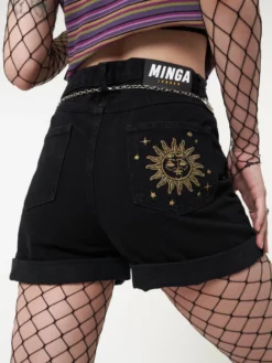 Minga London Astral Black Embroidered Denim Mom Shorts Most Wanted