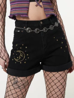 Minga London Astral Black Embroidered Denim Mom Shorts Most Wanted