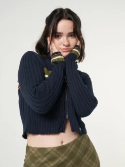 Minga London Clothing Bella Double Zip Striped Rib Cardigan