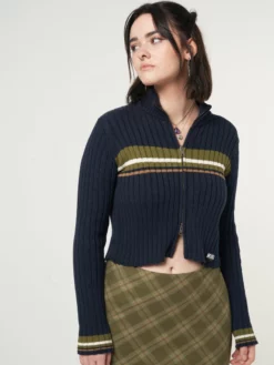 Minga London Clothing Bella Double Zip Striped Rib Cardigan