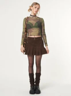 Minga London Brown Corduroy Pleated Mini Skirt