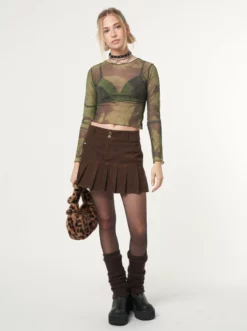 Minga London Brown Corduroy Pleated Mini Skirt