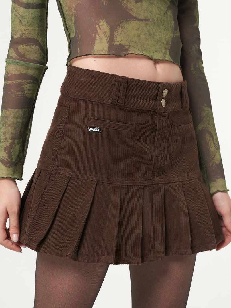 Minga London Brown Corduroy Pleated Mini Skirt