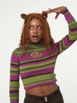 Minga London Clothing Butterfly Orchid Striped High Neck Ribbed Top