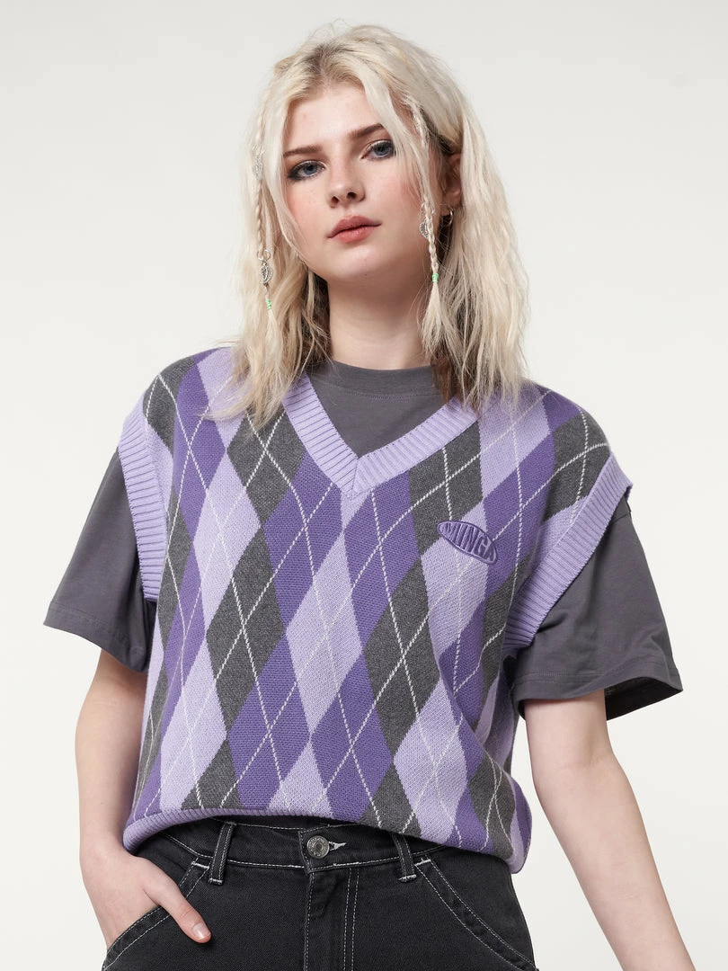 Minga London Cleo Argyle Purple Knit Vest Clothing