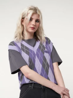 Minga London Cleo Argyle Purple Knit Vest Clothing