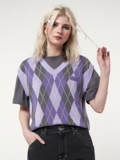 Minga London Cleo Argyle Purple Knit Vest Clothing