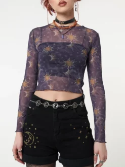 Minga London Most Wanted Cosmos Purple Mesh Crop Top