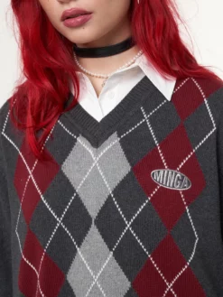 Minga London Clothing Division Grey Black Red Argyle Knitted Jumper