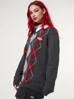 Minga London Clothing Division Grey Black Red Argyle Knitted Jumper