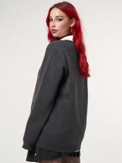 Minga London Clothing Division Grey Black Red Argyle Knitted Jumper