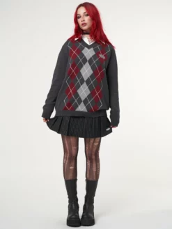 Minga London Clothing Division Grey Black Red Argyle Knitted Jumper