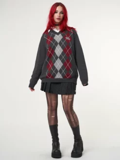 Minga London Clothing Division Grey Black Red Argyle Knitted Jumper
