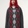 Minga London Clothing Division Grey Black Red Argyle Knitted Jumper