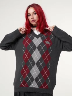 Minga London Clothing Division Grey Black Red Argyle Knitted Jumper