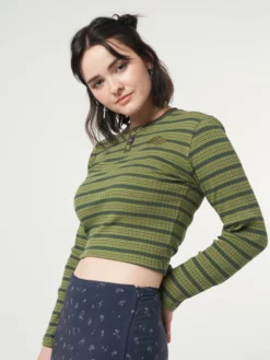 Minga London Emerald Striped Rib Half Button Top Clothing