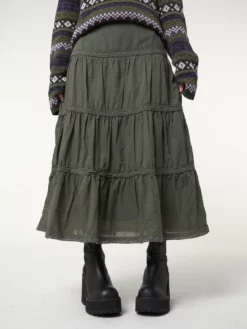 Minga London Foggy Green Ruffle Lace Maxi Skirt