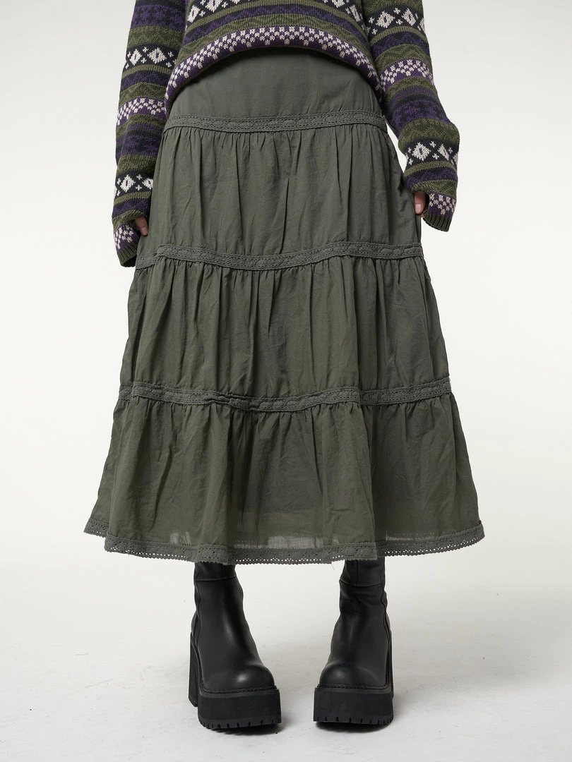 Minga London Foggy Green Ruffle Lace Maxi Skirt