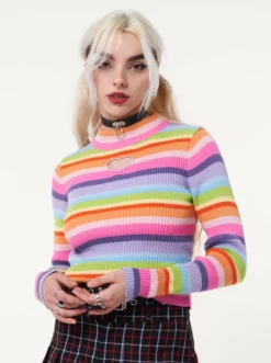 Minga London Clothing Heart Cut-Out Striped Ribbed Top