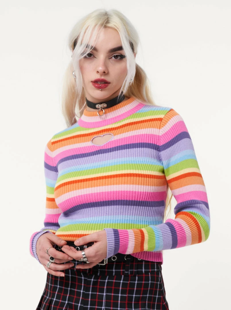 Minga London Clothing Heart Cut-Out Striped Ribbed Top