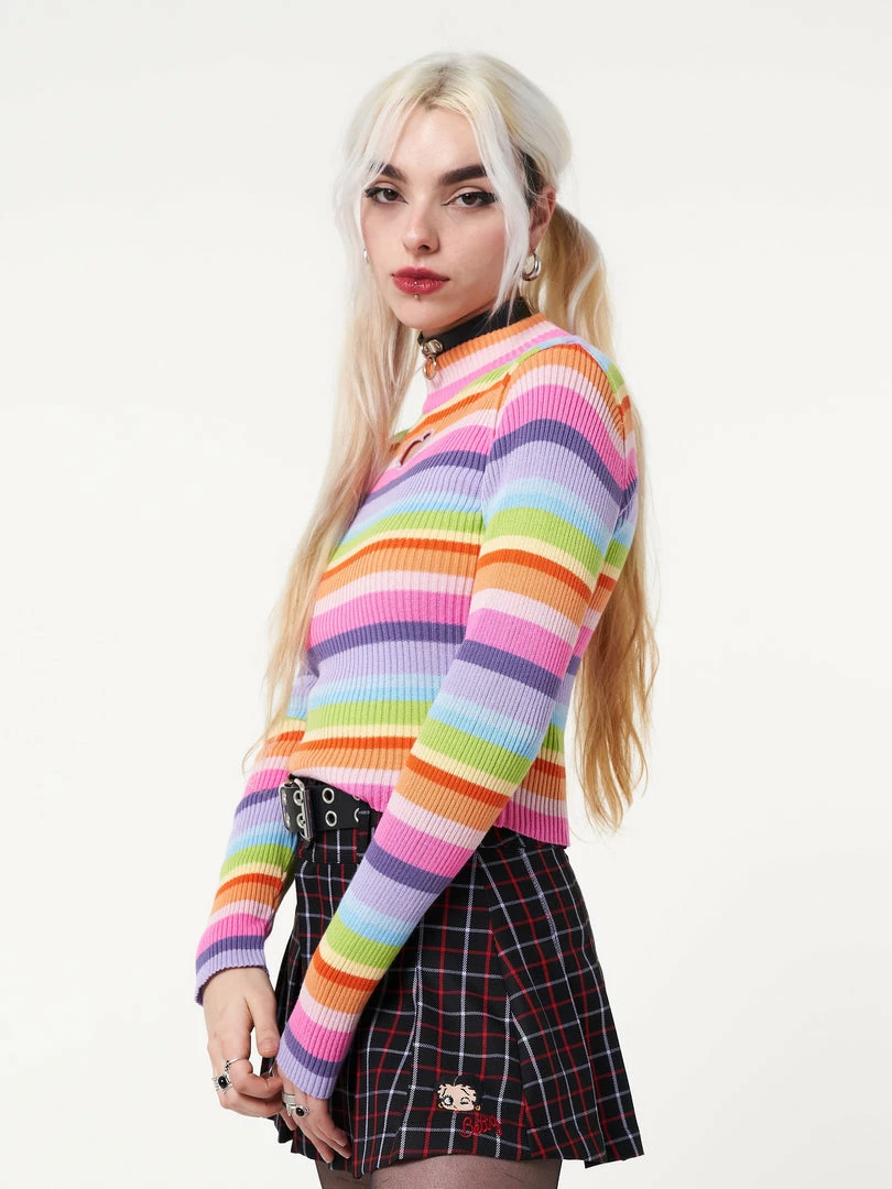 Minga London Clothing Heart Cut-Out Striped Ribbed Top