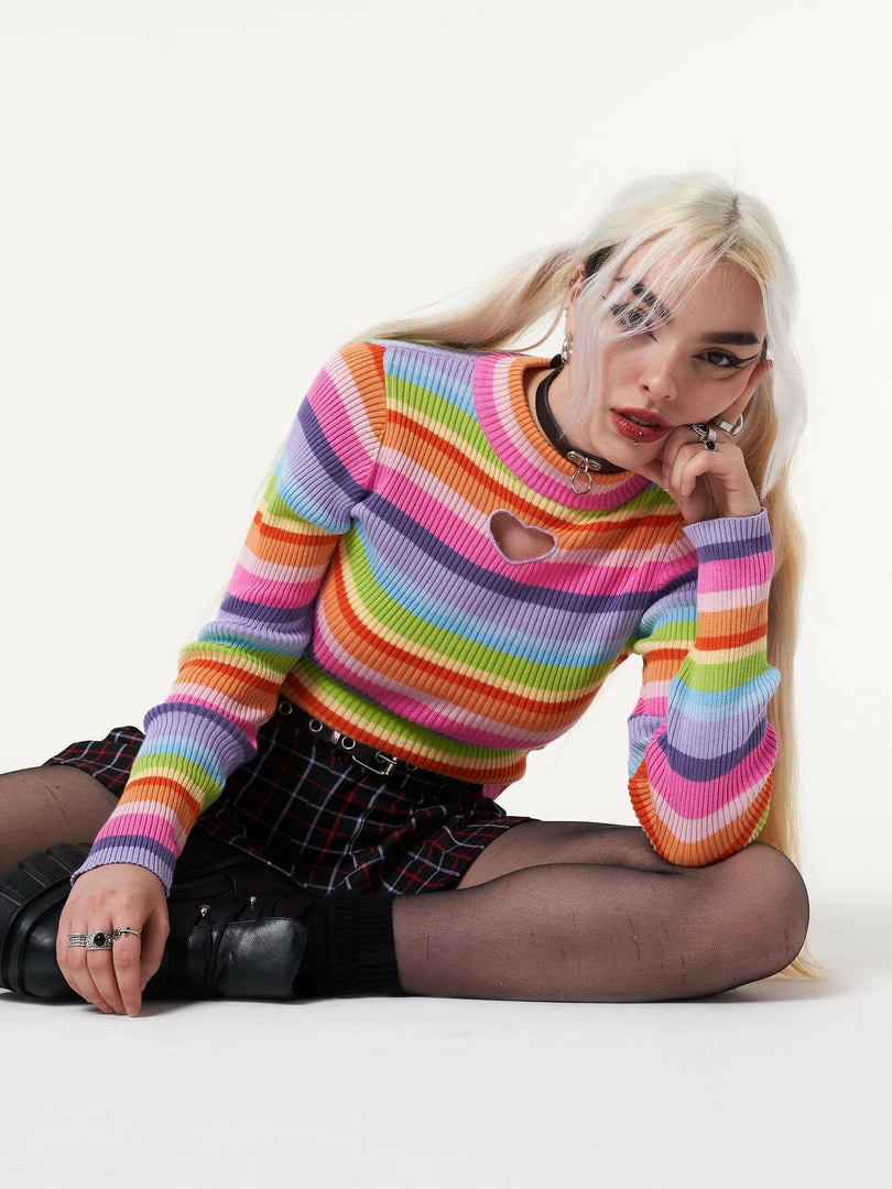 Minga London Clothing Heart Cut-Out Striped Ribbed Top