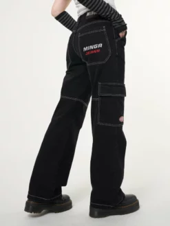 Minga London Jet Black Y2K Contrast Stitch Cargo Pants
