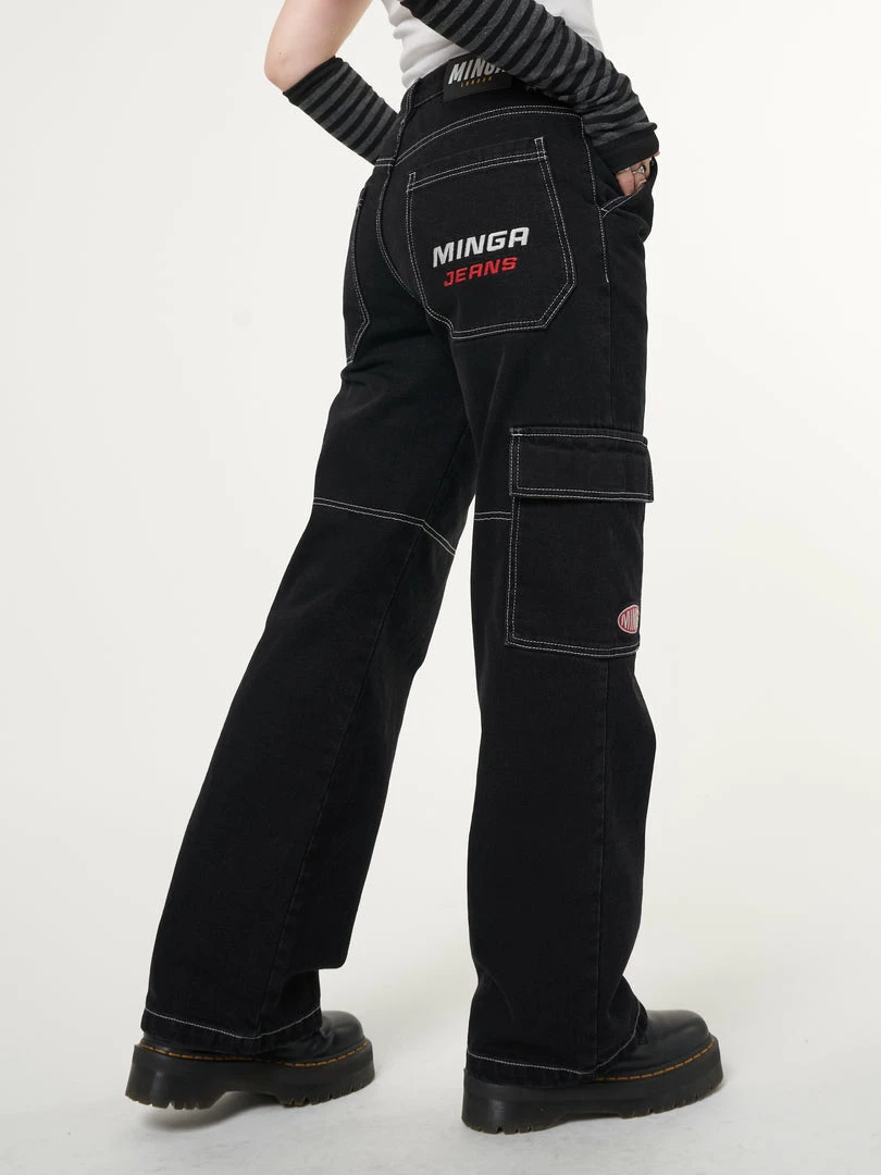 Minga London Jet Black Y2K Contrast Stitch Cargo Pants