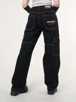 Minga London Jet Black Y2K Contrast Stitch Cargo Pants